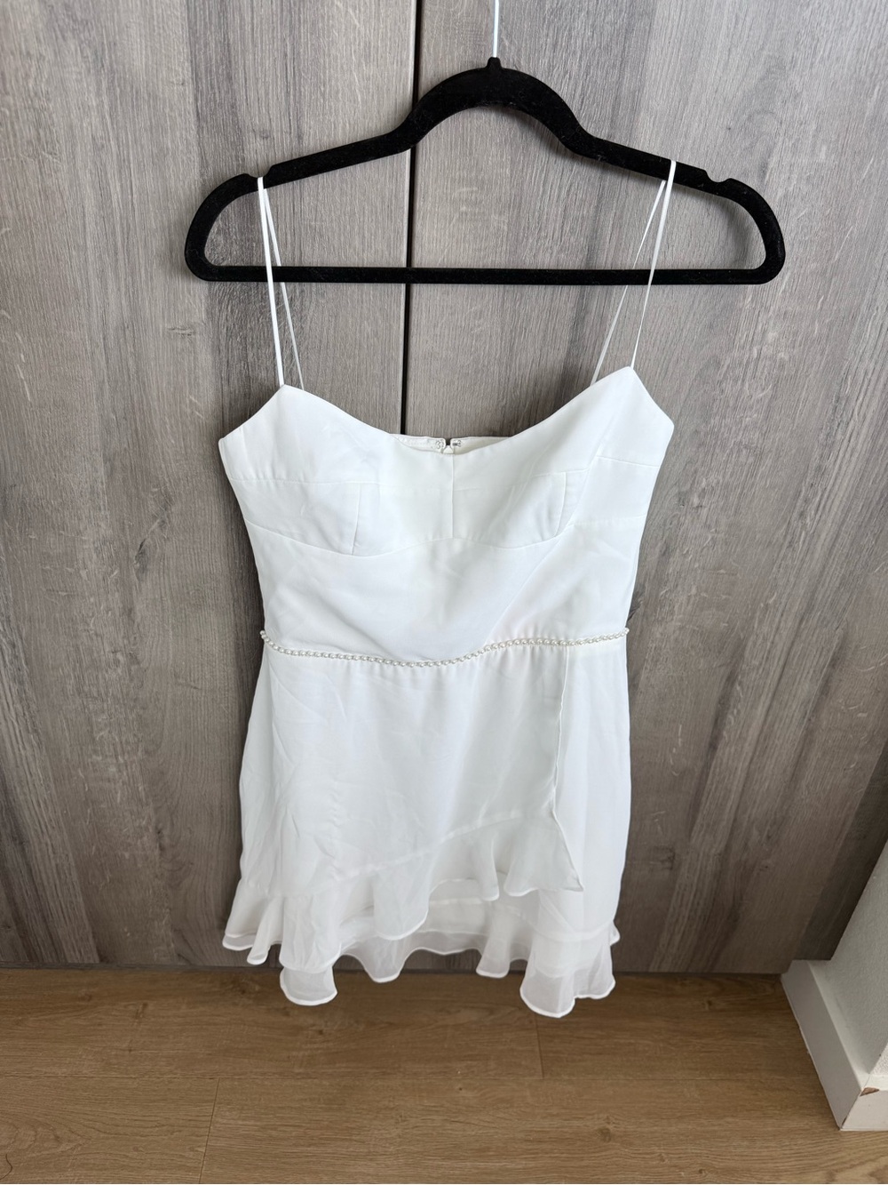 Amanda Uprichard White Spaghetti Strap Mini Dress with Ruffle Hem
